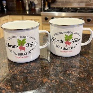 Large Schrute Farms Mugs (The Office). Campfire tin mugs. Two mugs